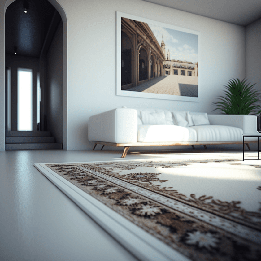 close up pristine white rug with a couch and artwork